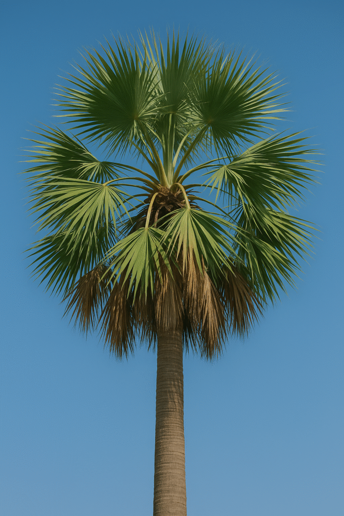Fotografía realista de una palma cana (Sabal causiarum) bajo cielo azul en Puerto Rico