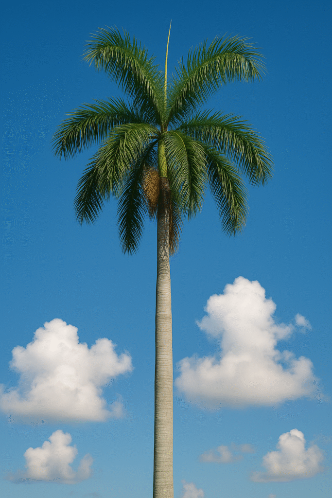 Fotografía realista de una palma real puertorriqueña (Roystonea borinquena) con cielo azul despejado