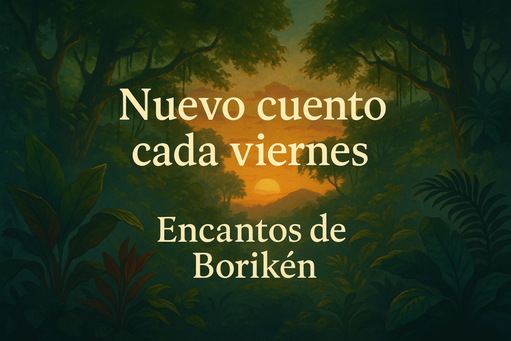 Ilustración digital de un bosque tropical al atardecer con el texto “Encantos de Borikén”