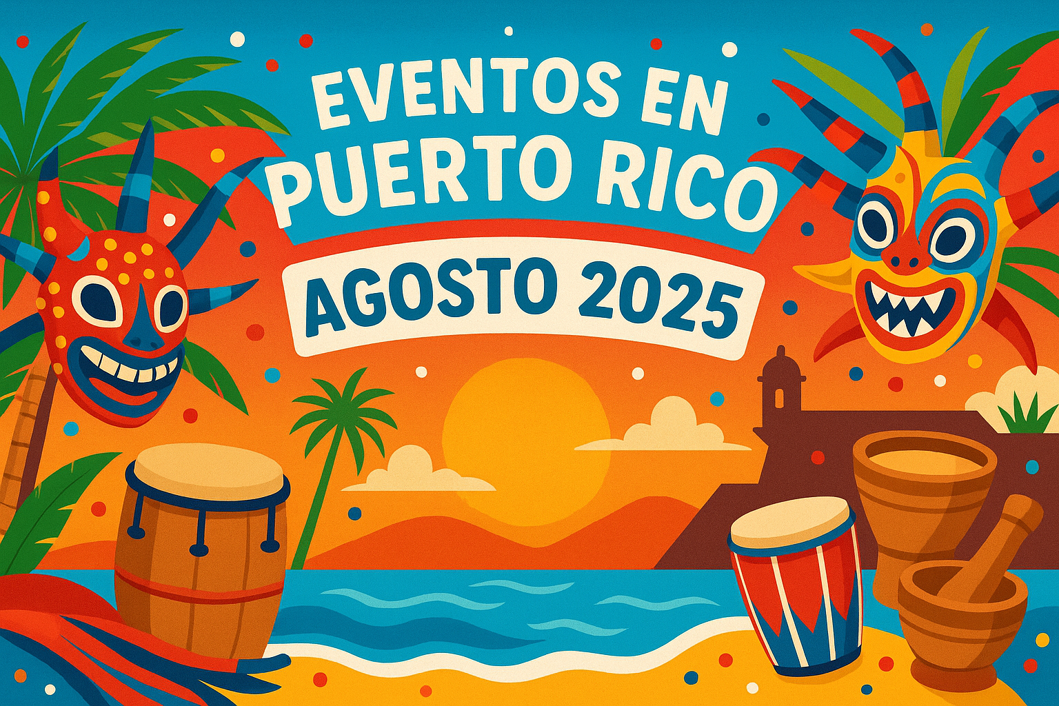 Imagen vibrante con elementos festivos que representa los eventos culturales de agosto en Puerto Rico